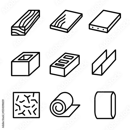 Construction Materials Icons. Outline icon set of construction materials: lumber board, plywood sheet, drywall, concrete block,