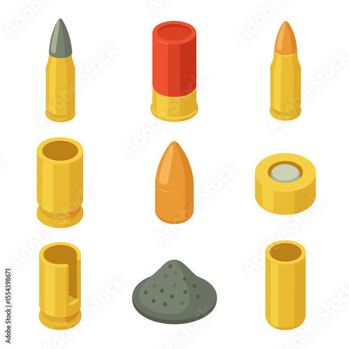 Ammunition Icons Grid. Isometric Flat icon set of ammunition shells: artillery shell, shotgun shell, rifle cartridge, pistol