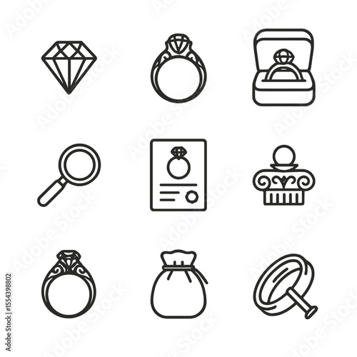 Antique Ring Icons. Outline icon set of Antique Engagement Ring Hunt: rose cut diamond, filigree band, velvet ring box, magnifying