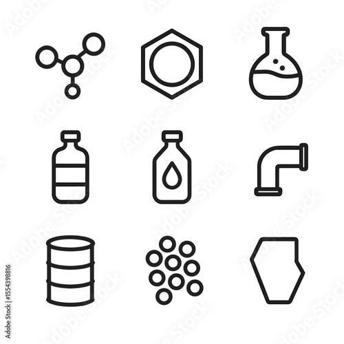 Chemical Icons Grid. Outline icon set of chemical feedstocks: ethylene molecule, benzene ring, methanol flask, ammonia canister,