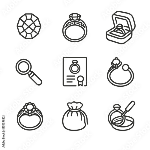 Antique Ring Icons. Outline icon set of Antique Engagement Ring Hunt: rose cut diamond, filigree band, velvet ring box, magnifying