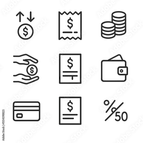 Cost Sharing Icons. Outline icon set of Cost Sharing and Payment: money split icon, fare receipt, coin stack, credit card, cash