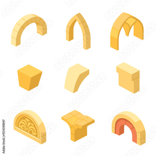 Arch and Vault Icons. Isometric Flat icon set of arch and vault construction: semicircular arch, pointed arch, ribbed vault,