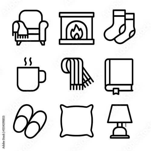 Cozy Home Icon Set. Outline icon set of cozy home comfort: armchair with blanket, fireplace, wool socks, hot beverage mug, knitted