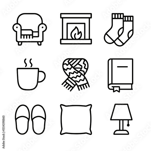 Cozy Home Icon Set. Outline icon set of cozy home comfort: armchair with blanket, fireplace, wool socks, hot beverage mug, knitted