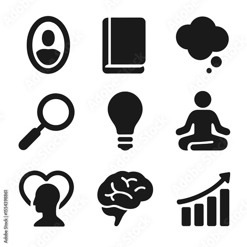 Icons of Self-Reflection. Solid, filled icons set of self-awareness and reflection: mirror, journal, thought
