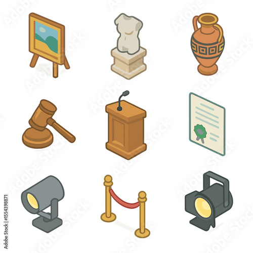 Art Auction Icons. Isometric Flat icon set of fine art and collectible auctions: oil painting canvas, sculpture pedestal, antique