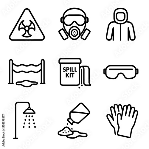 Chemical Safety Icons. Outline icon set of chemical spill drills: hazard symbol, gas mask, chemical suit, containment barrier,