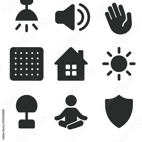 Sensory-Friendly Icons Grid. Solid, filled icons set of sensory-friendly learning spaces: calm light, soft