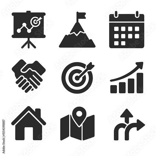 Shared Goals Icons. Solid, filled icons set of shared goals and vision: goal board, mountain peak, calendar