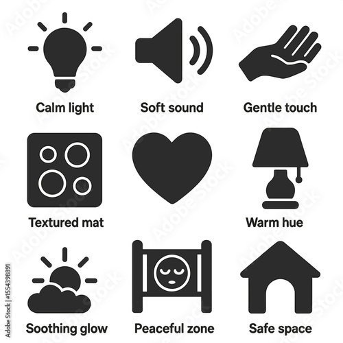 Sensory-Friendly Icons Grid. Solid, filled icons set of sensory-friendly learning spaces: calm light, soft