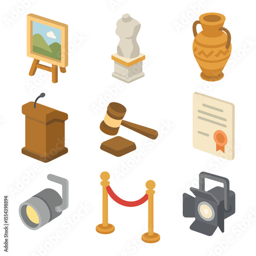Art Auction Icons. Isometric Flat icon set of fine art and collectible auctions: oil painting canvas, sculpture pedestal, antique