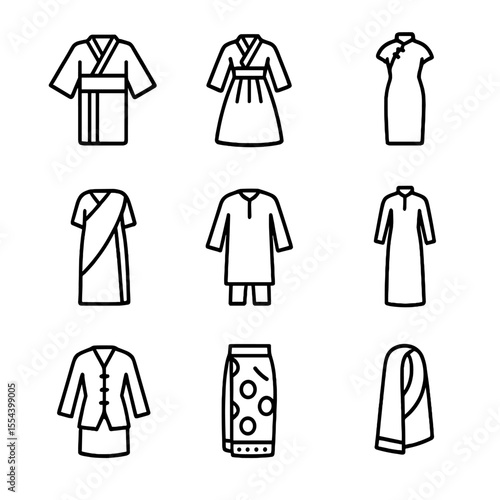 Asian Garments Icons. Outline icon set of Asian traditional garments: kimono, hanbok, cheongsam, sari, shalwar kameez, ao dai,