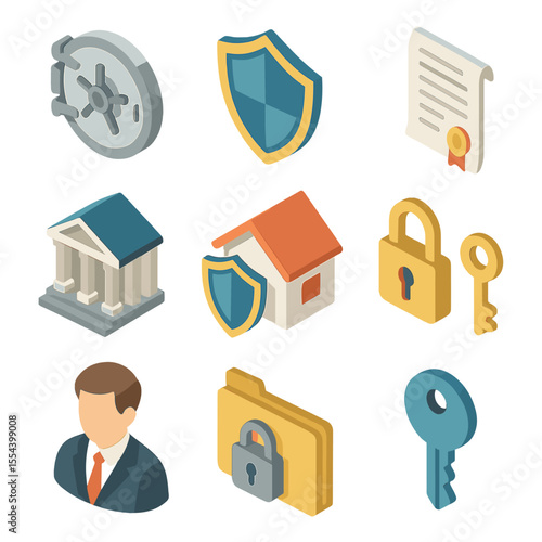 Asset Protection Icons. Isometric Flat icon set of asset protection strategies: vault door, trust shield icon, legal contract,
