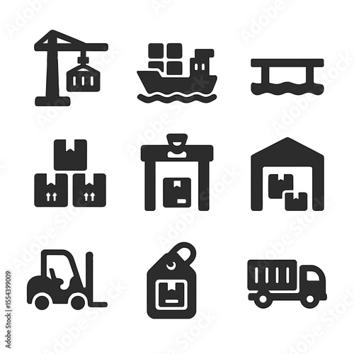 Shipping Logistics Icons. Solid, filled icons set of port and shipping logistics: container crane, cargo ship,
