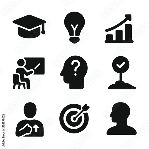 Skill Mastery Icons. Solid, filled icons set of mastering new skills: graduation cap, light bulb, progress