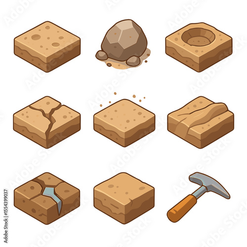 Asteroid Geology Icon Set. Isometric Flat icon set of asteroid geology features: regolith layer, boulder, crater rim, fissure,