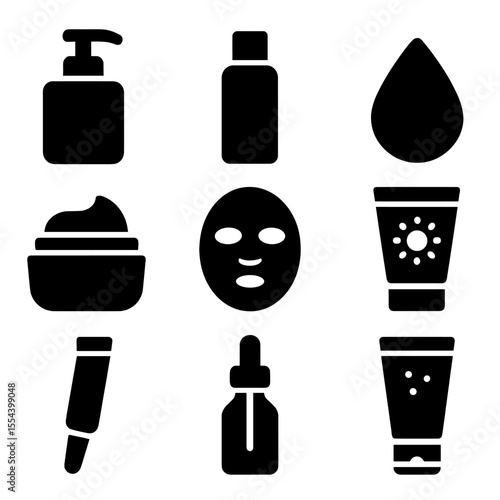 Skincare Icons Grid. Solid, filled icons set of skincare routine: cleanser bottle, toner icon, serum drop,