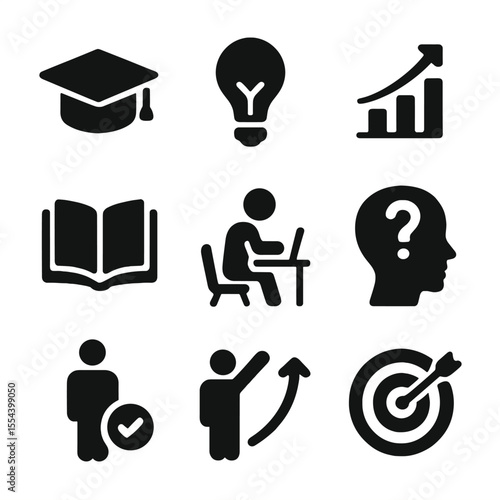 Skill Mastery Icons. Solid, filled icons set of mastering new skills: graduation cap, light bulb, progress