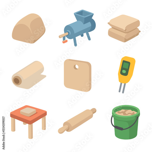 Clay Preparation Icons. Isometric Flat icon set of clay preparation and storage: clay wedge, pug mill, clay bags, plastic wrap,