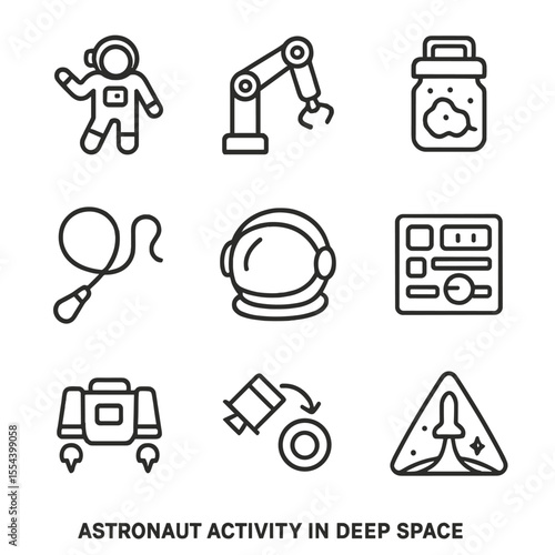 Astronaut Activity Icons. Outline icon set of Astronaut Activity in Deep Space: spacewalk suit, robotic arm, sample container,