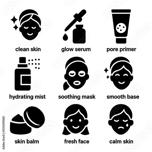 Skincare Icon Set. Solid, filled icons set of skincare prep for stage: clean skin, glow serum, pore primer,