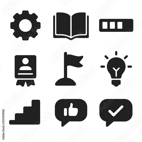 Skill-Building Icon Set. Solid, filled icons set of skill-building sessions: gear icon, knowledge book,