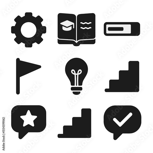 Skill-Building Icon Set. Solid, filled icons set of skill-building sessions: gear icon, knowledge book,