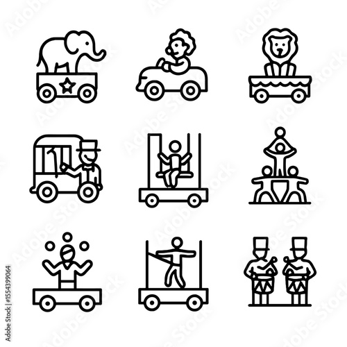 Circus Float Icons. Outline icon set of circus floats: elephant float, clown car float, lion float, ringmaster carriage, trapeze