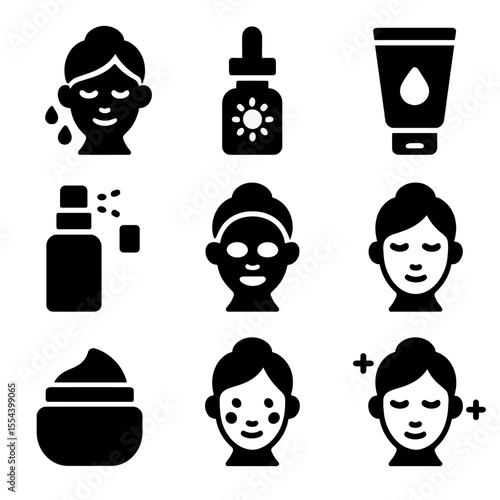 Skincare Icon Set. Solid, filled icons set of skincare prep for stage: clean skin, glow serum, pore primer,