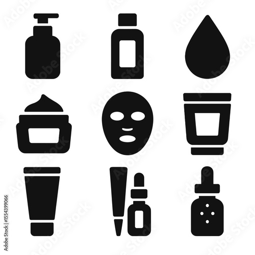 Skincare Icons Grid. Solid, filled icons set of skincare routine: cleanser bottle, toner icon, serum drop,