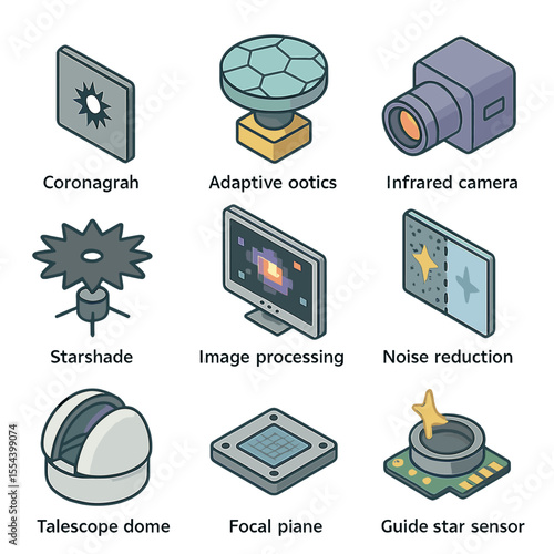Astronomy Imaging Tools Icons. Isometric Flat icon set of direct imaging techniques: coronagraph mask, adaptive optics mirror,