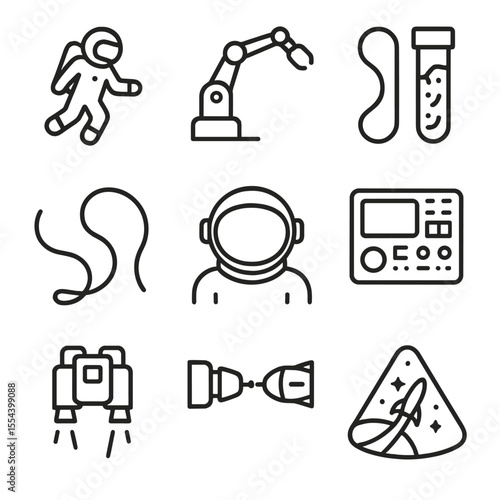 Astronaut Activity Icons. Outline icon set of Astronaut Activity in Deep Space: spacewalk suit, robotic arm, sample container,