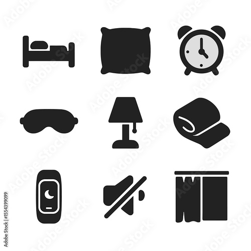 Sleep Hygiene Icons. Solid, filled icons set of sleep hygiene: bed, pillow, alarm clock, sleep mask,
