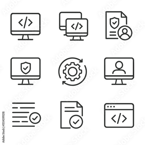 Automated Testing Icons. Outline icon set of automated testing processes: unit test, integration test, test coverage, test runner,