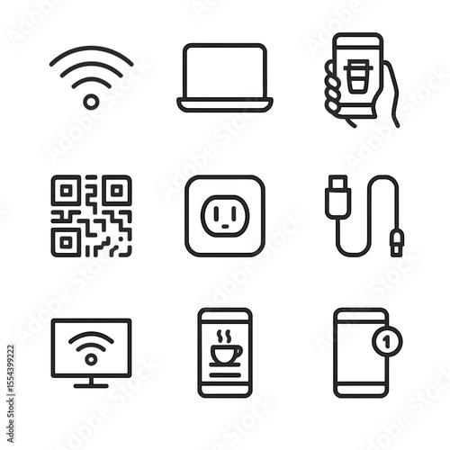 Coffeehouse Digital Icons. Outline icon set of Coffeehouse Digital Connectivity: free Wi-Fi sign, laptop icon, smartphone ordering