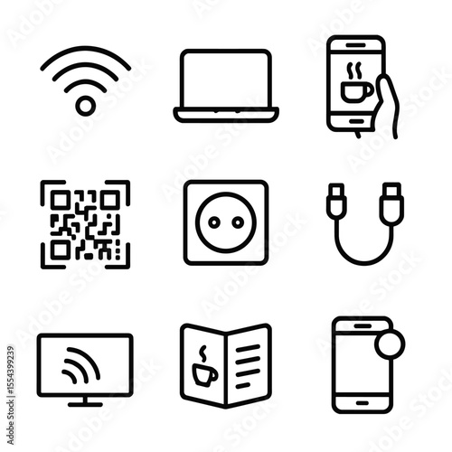 Coffeehouse Digital Icons. Outline icon set of Coffeehouse Digital Connectivity: free Wi-Fi sign, laptop icon, smartphone ordering