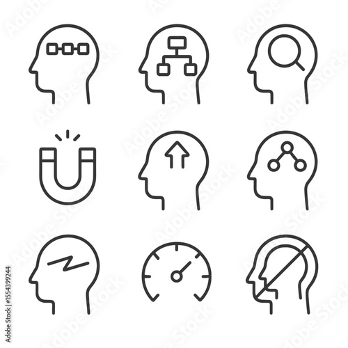 Cognitive Processes Icons. Outline icon set of cognitive processes underpinning language function: working memory, executive