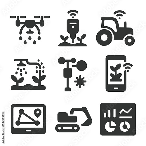Smart Farming Icons. Solid, filled icons set of smart farming technology: drone sprayer, soil sensor,