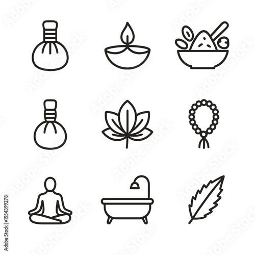 Ayurveda Retreat Icons. Outline icon set of Ayurveda retreat components: herbal poultice, oil lamp, Ayurvedic spices, massage