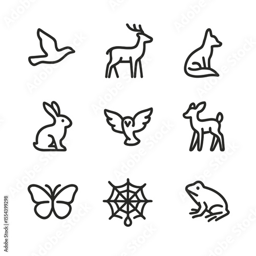 Dawn Wildlife Icons. Outline icon set of dawn wildlife: flying bird, deer silhouette, fox outline, rabbit outline, owl flying away