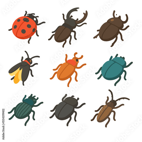 Colorful Beetle Icons. Isometric Flat icon set of beetle species: ladybug, stag beetle, rhinoceros beetle, firefly, weevil, scarab
