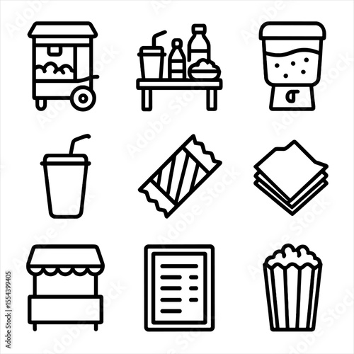 Concession Stand Icons. Outline icon set of refreshments and concessions: popcorn machine, snack table, drink dispenser, soda cup,