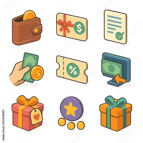 Compensation Icons Grid. Isometric Flat icon set of compensation and incentives: wallet, gift card, reimbursement form, cash