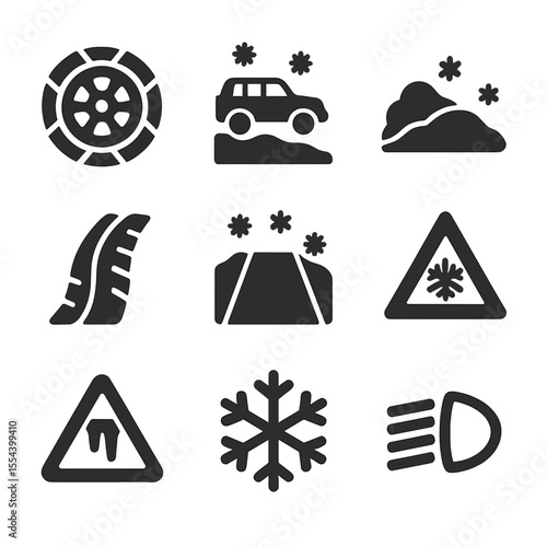 Snow Terrain Travel Icons. Solid, filled icons set of snowy terrain travel: tire with grip chains, SUV in snow