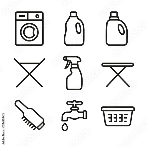 Denim Care Icons. Outline icon set of Denim Care Essentials: washing machine, gentle detergent bottle, fabric softener bottle,