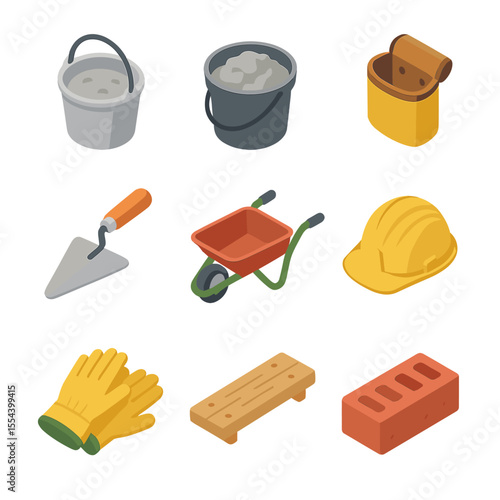 Construction Icon Grid. Isometric Flat icon set of construction site buckets: cement bucket with handle, mortar bucket, tool pouch