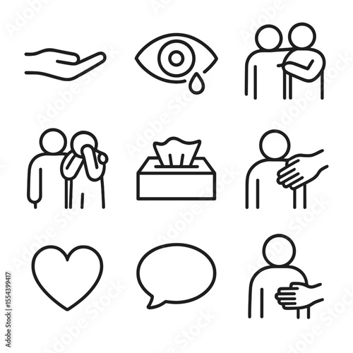 Consolation Icon Set. Outline icon set of consoling a crying person: outstretched hand, tearing eye, arm around shoulder,