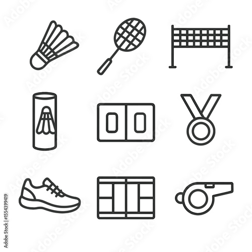 Badminton Icon Set. Outline icon set of shuttlecock sports equipment: shuttlecock, badminton racket, net, shuttle tube, scoreboard