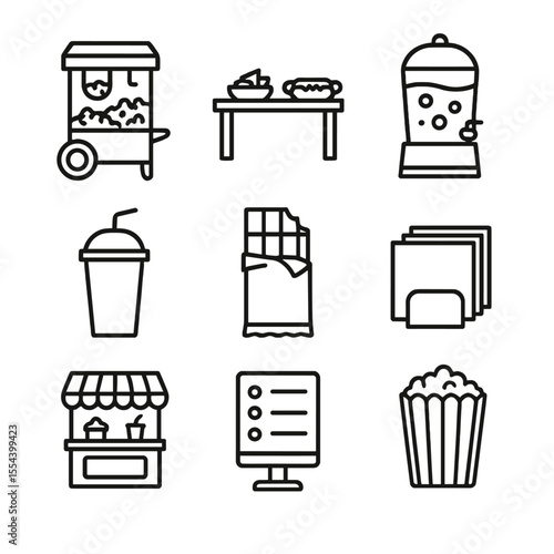 Concession Stand Icons. Outline icon set of refreshments and concessions: popcorn machine, snack table, drink dispenser, soda cup,